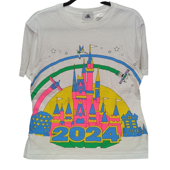Disney Other - Disney 2024 Neon Retro Castle WDW Graphic T Shirt White Unisex Adult MED Reg Fit